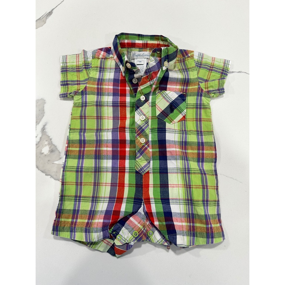 Ralph Lauren Baby 3M Plaid Shortall Romper One Piece Green Red Blue White